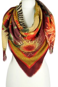 Bordowa chusta wełniana damska 140x140 cm w kwiaty egzotyczne