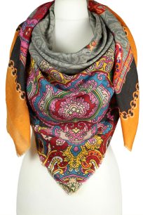 Szara chusta wełniana damska 140x140 cm we wzór paisley