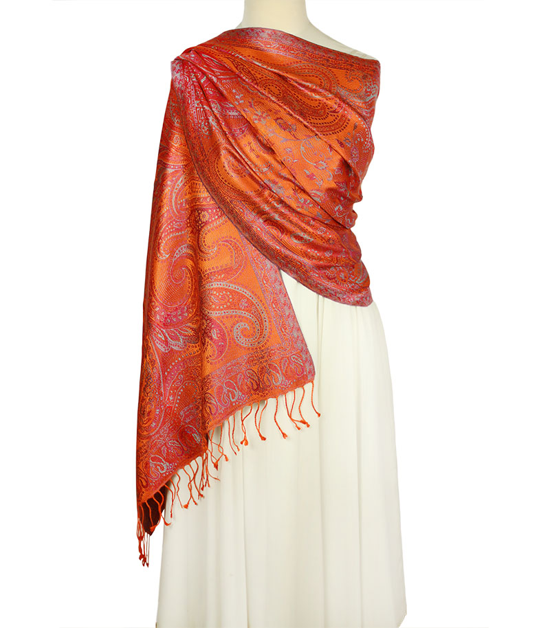 Pomarańczowy szal jedwabny paisley 70 × 200 cm ze 100% jedwabiu