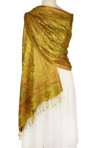 Elegancki złoty szal jedwabny z orientalnym wzorem paisley 70x200cm