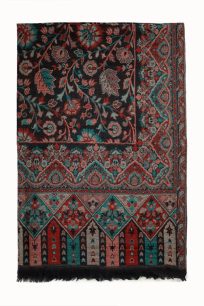 Czarny szal damski z wełny merino i jedwabiu 70x200 w orientalny kwiatowy wzór