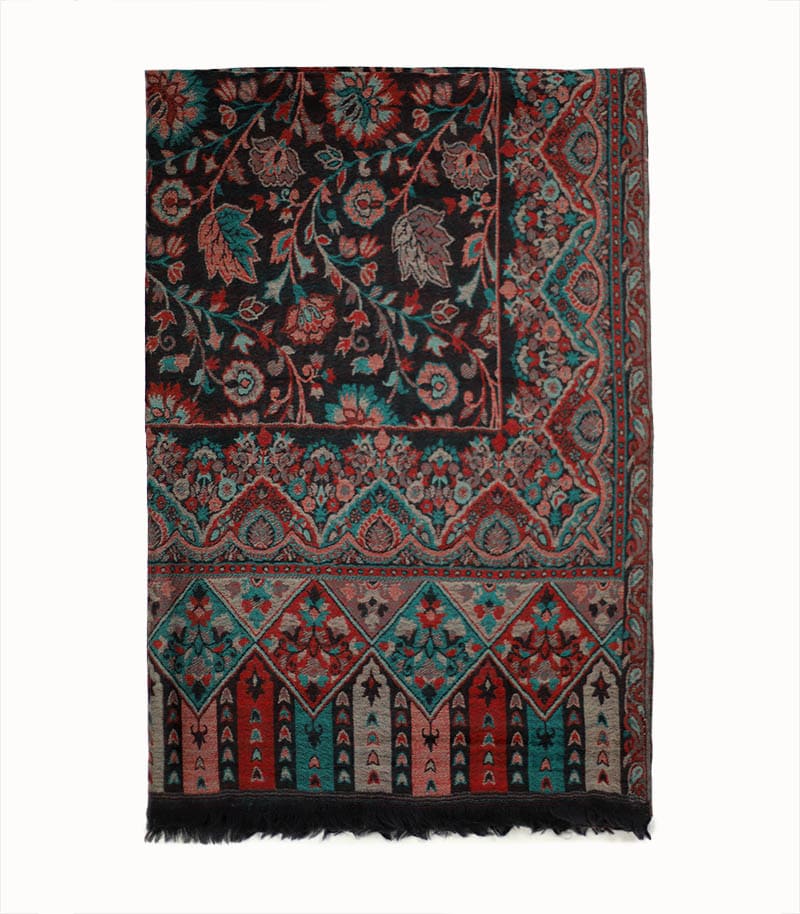 Czarny szal damski z wełny merino i jedwabiu 70x200 w orientalny kwiatowy wzór