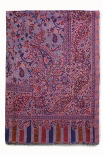 Fioletowy szal damski 70x200 z wełny merino i jedwabiu we wzór paisley