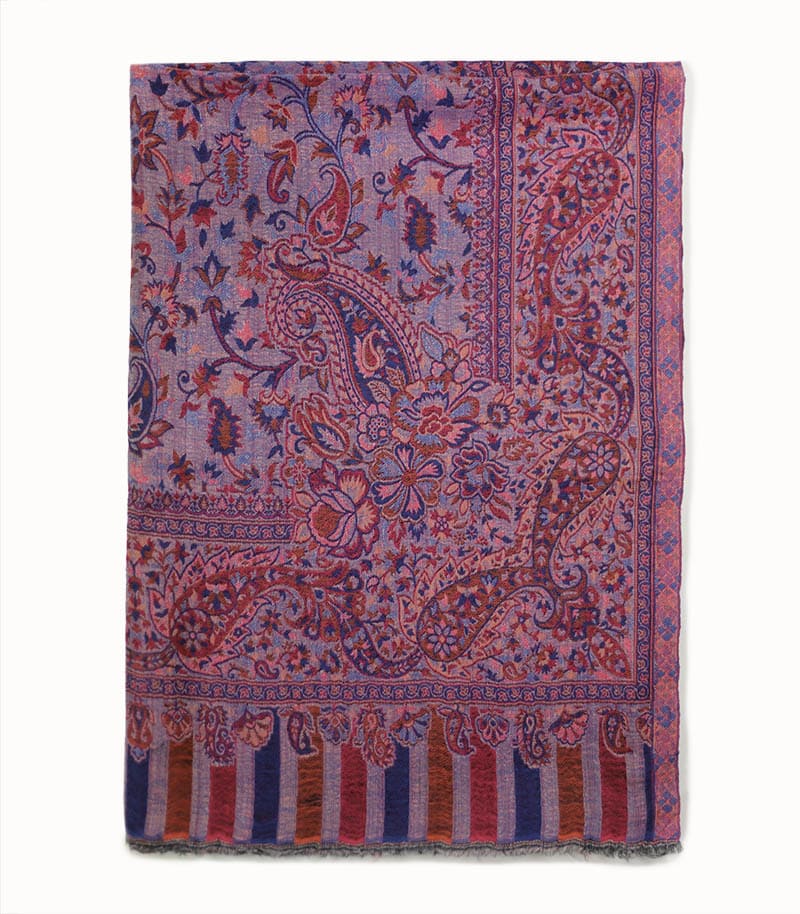 Fioletowy szal damski 70x200 z wełny merino i jedwabiu we wzór paisley