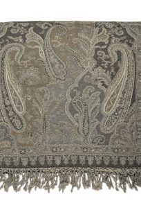 Dwustronna beżowa chusta wełniana 140x140 cm w szarobrązowy wzór paisley, duża ciepła chusta damska ze 100% wełny.