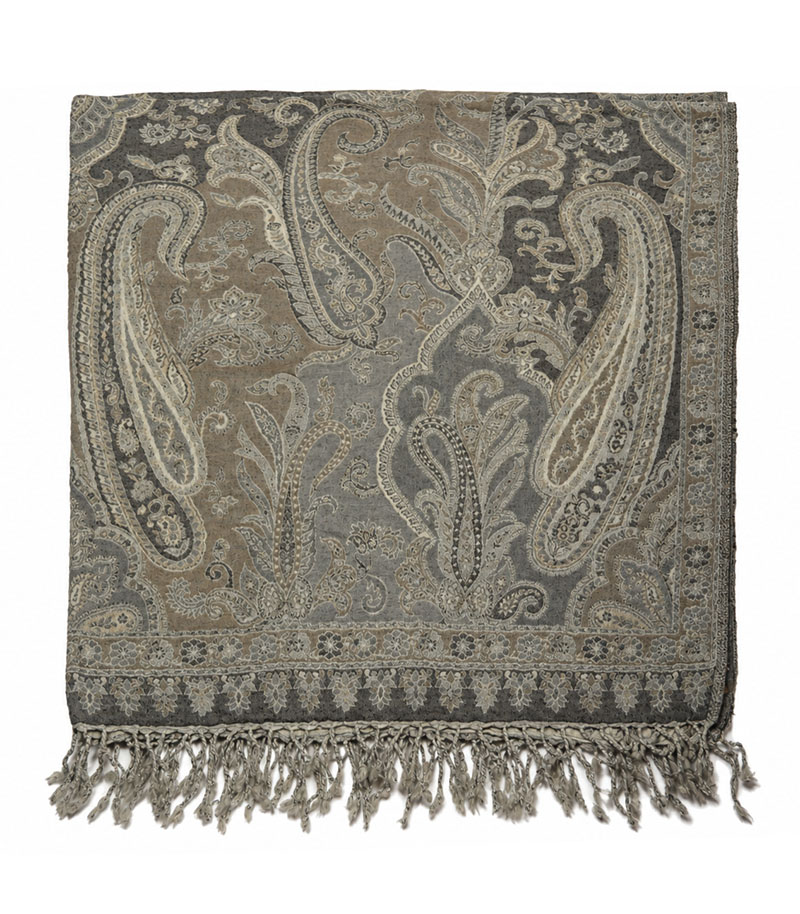 Dwustronna beżowa chusta wełniana 140x140 cm w szarobrązowy wzór paisley, duża ciepła chusta damska ze 100% wełny.