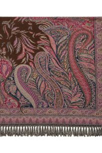 Różowa chusta wełniana damska 140x140 cm z eleganckim wzorem paisley i dekoracyjną bordiurą.