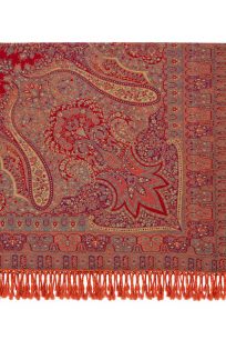 Czerwona chusta wełniana damska 140x140 cm z bogatym orientalnym ornamentem, elegancka chusta na ramiona ze 100% wełny