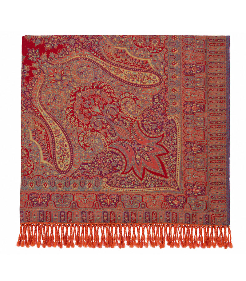 Czerwona chusta wełniana damska 140x140 cm z bogatym orientalnym ornamentem, elegancka chusta na ramiona ze 100% wełny