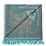 Dwustronna turkusowa chusta wełniana 140x140 cm w orientalny wzór paisley, elegancka duża chusta damska ze 100% wełny na ramiona.