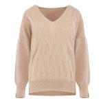 Beżowy sweter kaszmirowy damski ze wzorem fali