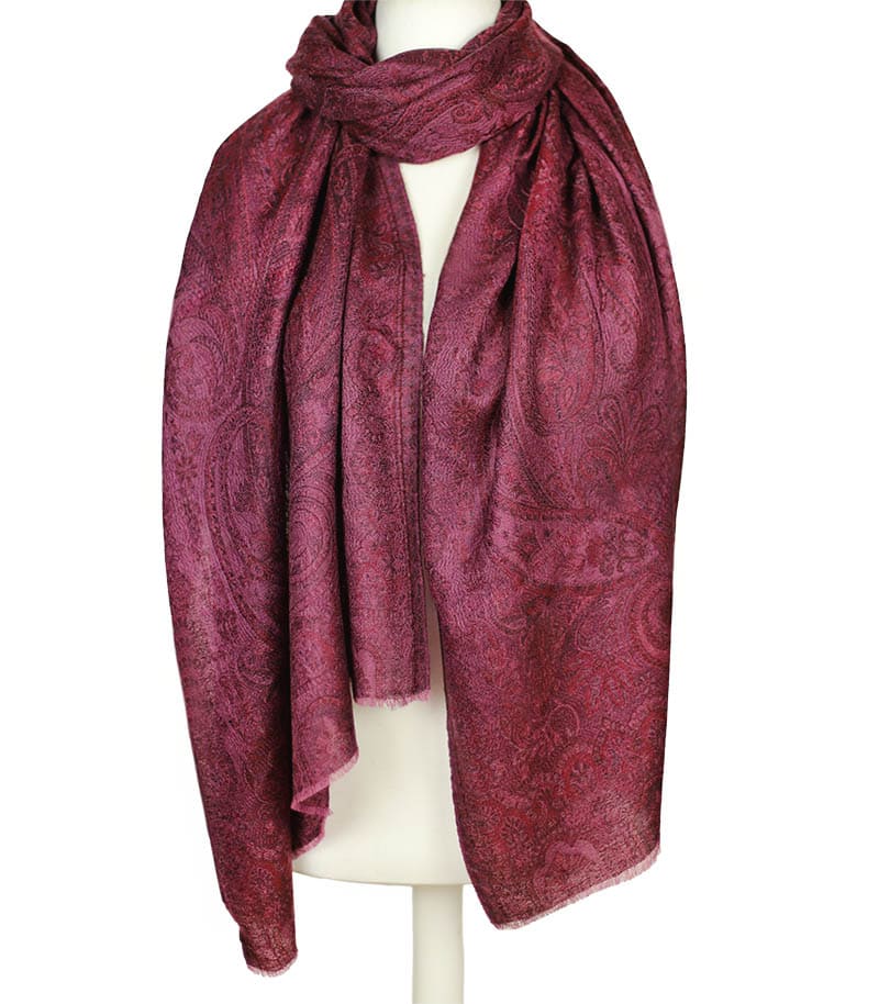 Wrzosowy szal kaszmirowy damski jamawar 70 × 200 cm z eleganckim orientalnym wzorem Magia kaszmiru