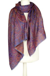 Granatowy szal wełniany damski z orientalnym wzorem paisley – merino z jedwabiem