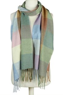 Zielony szal kaszmirowy damski w kratę 45x190 cm – elegancki, miękki szal z naturalnego kaszmiru